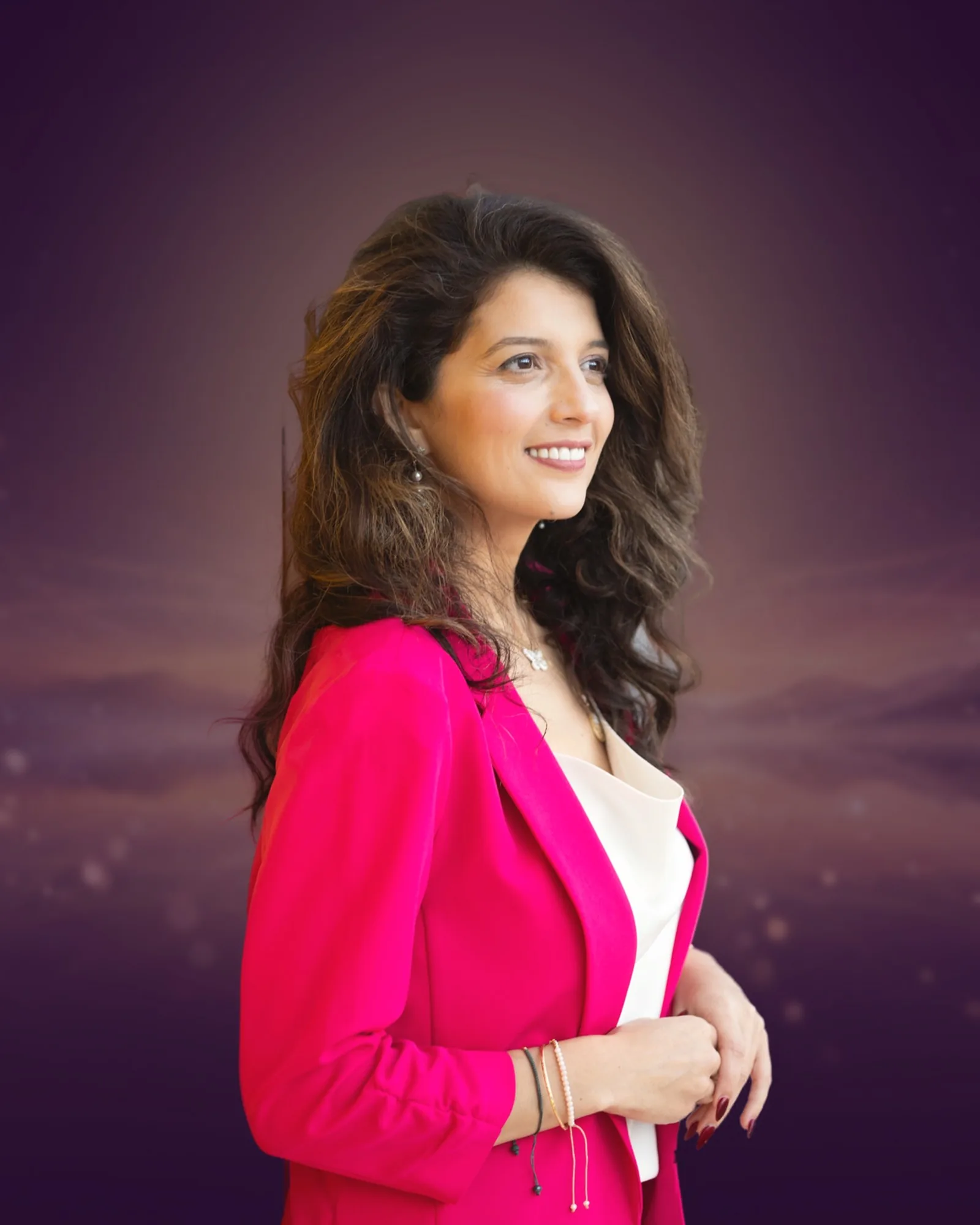 Saloua Lahlou in pink by a doorway