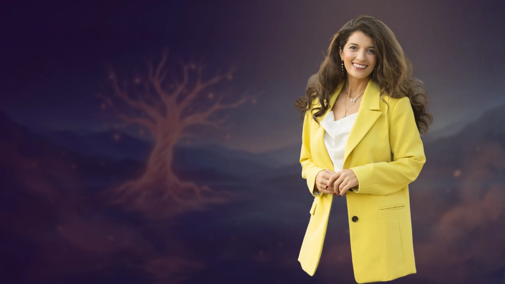 Saloua Lahlou in yellow in the Blue Ridge Mountains