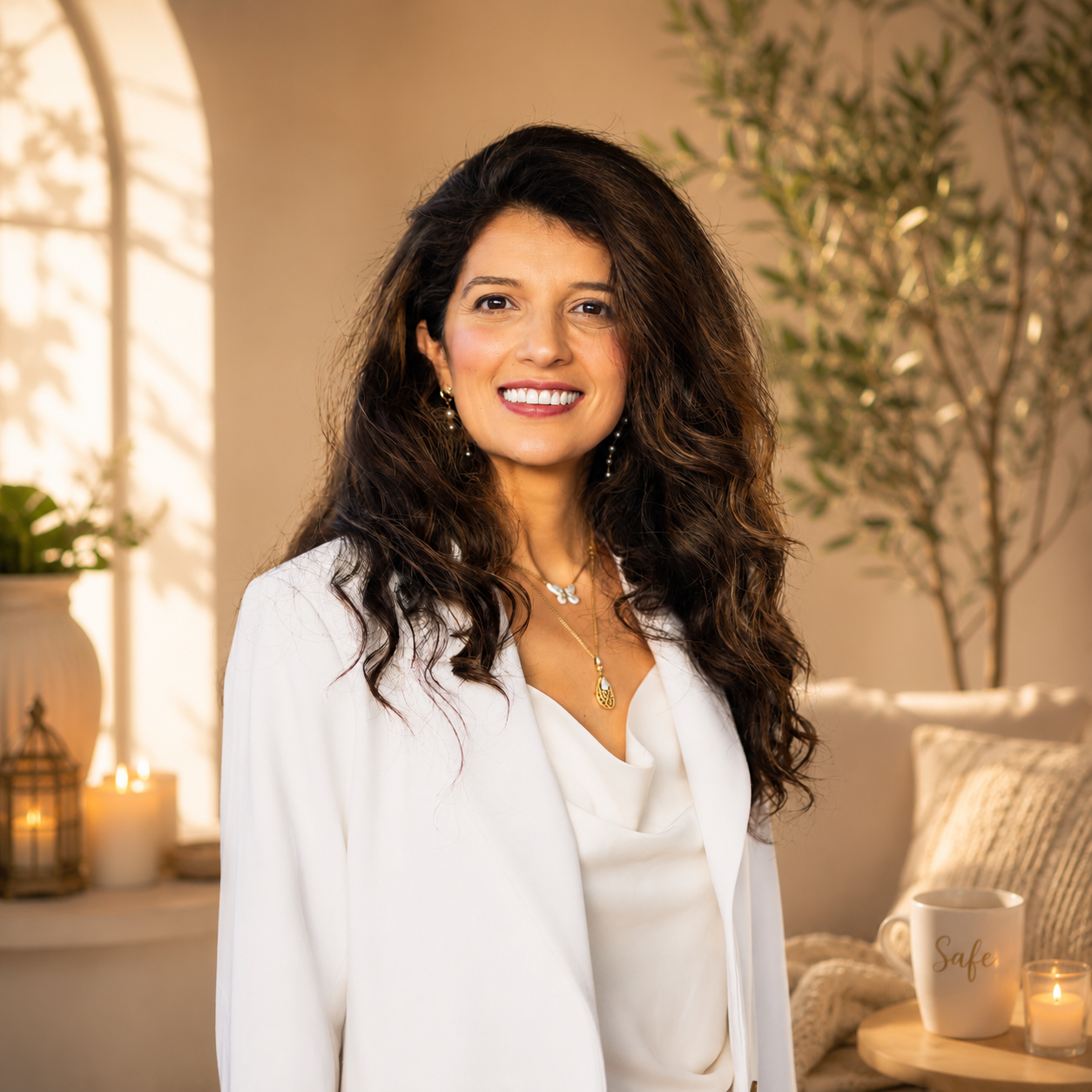 Saloua smiling in a serene sunlit sanctuary with olive branches
