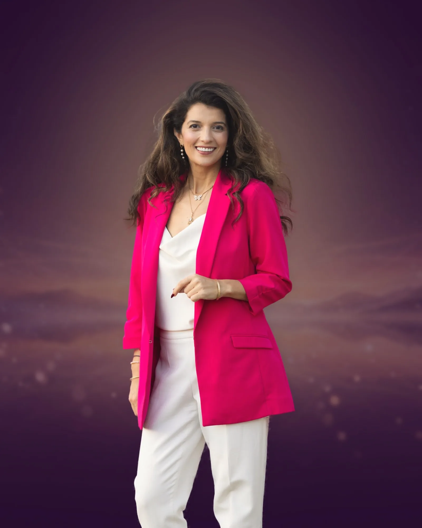 Saloua Lahlou in pink in the Blue Ridge Mountains