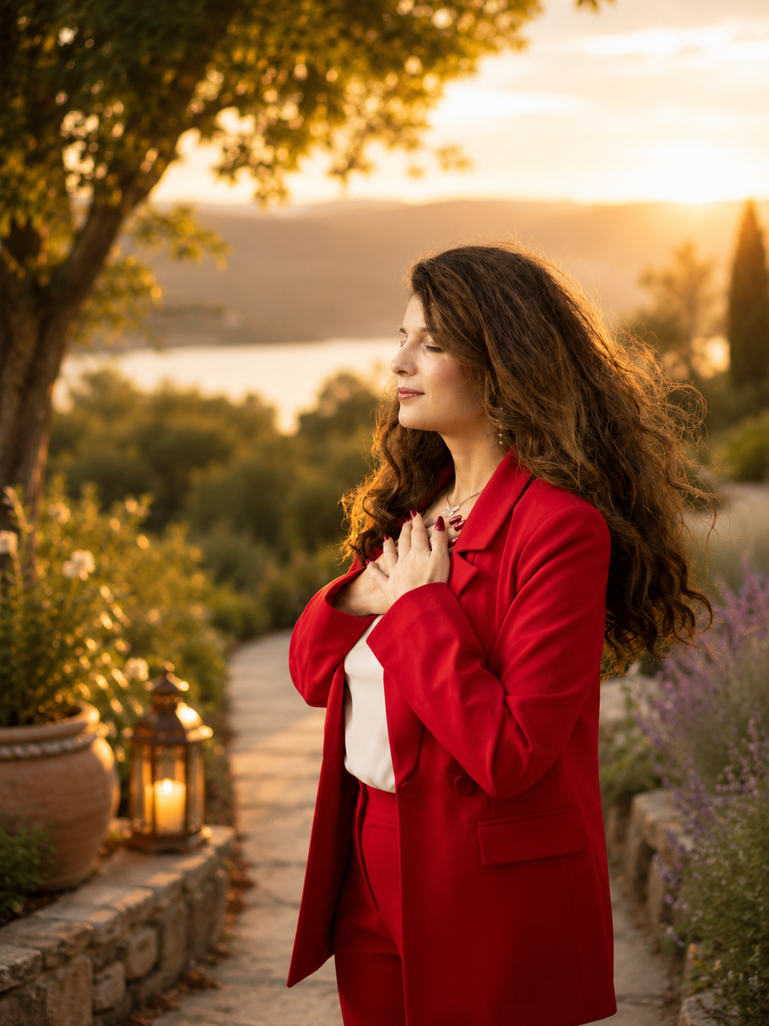 Saloua in a red blazer, hands on heart at sunset with lavender and olive trees