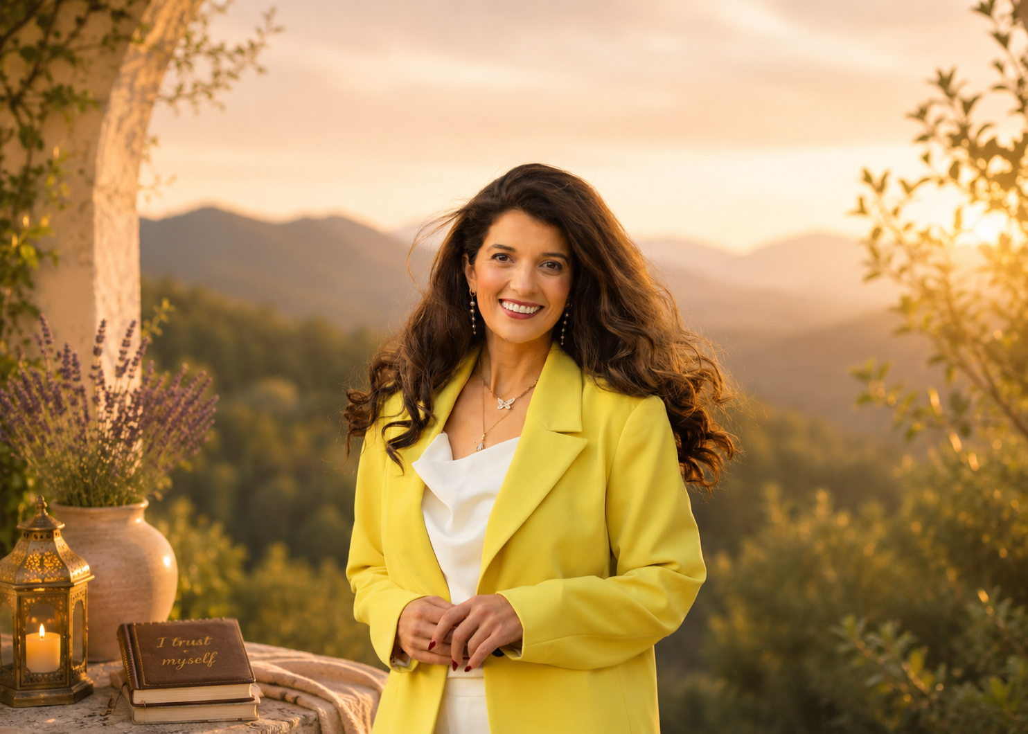 Saloua in a yellow blazer at sunset with mountains and lavender
