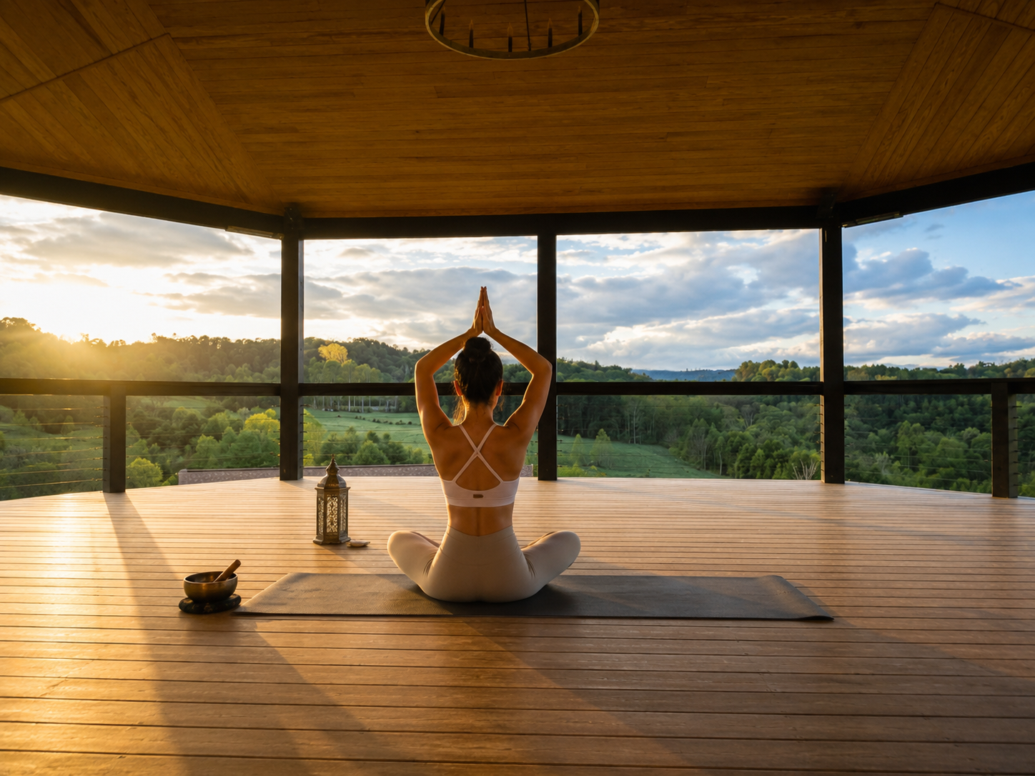 Woman meditating on a wooden deck overlooking the Blue Ridge Mountains at Munaya
